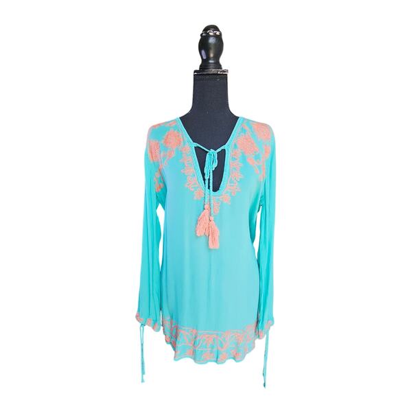 🦃 Aqua Blue Peach Embroidered VNeck Tunic Boho Hippie Blouse Top Size Medium - Picture 1 of 11